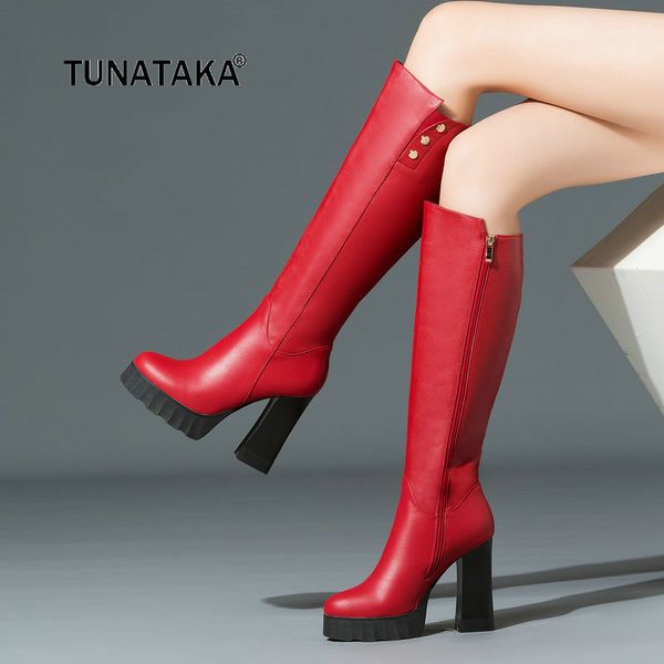 

женщина из натуральной кожи толстый каблук zipper колено высокие сапоги мода заклепки круглый toe зима женская обувь черный красный, Black