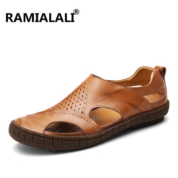 

ramialali genuine leather sandals handmade hollow men shoes summer leather shoes beach sandalias beach soft bottom, Black
