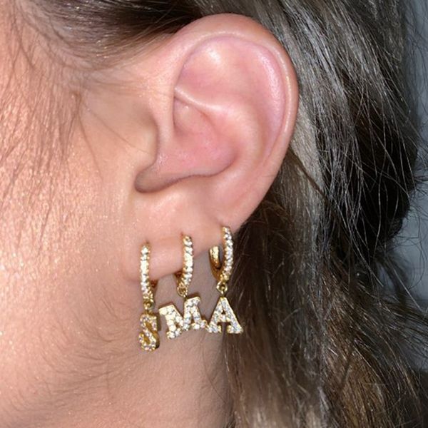 

1pcs a-z english letters zircon ear piercing hoop earring silver plated initial dangle earrings for women jewelry, Golden;silver