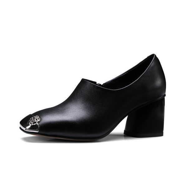 

2020 spring real leather high heels women pumps side zipper rome shoes woman metal toe female elegant party office shoes, Black