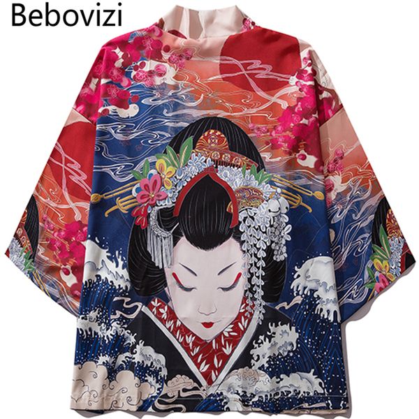 

bebovizi brand 2019 man casual clothes japan style thin kimono men japanese summer streetwear ukiyo e print robe jacket, Black;brown