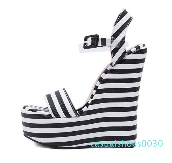 

15cm chic platform wedges sandals black white zebra striped pvc strappy shoes designer high heel size 35 to 40 c30