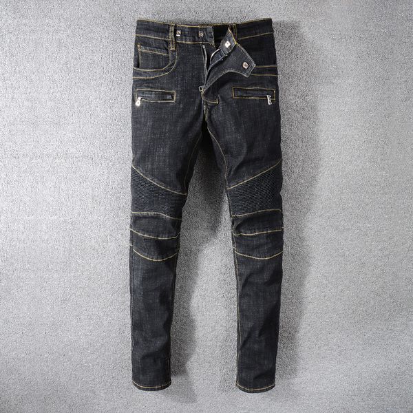 

fashion streetwear men jeans vintage black spliced designer motor biker jeans homme multi pockets cargo pants hip hop men, Blue