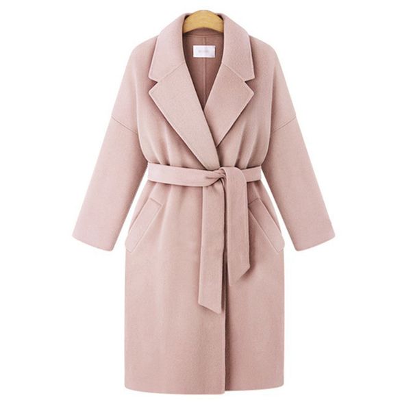 

women's wool & blends winter ladies lapel woolen long section tie windbreaker solid belt blend jacket women loose large size overcoat o, Black