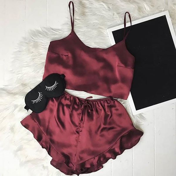 

women ladies sexy-lingerie summer sleepwear sleeveless satin silk babydoll lace up nightwear pajamas set robe de nuit femme vb7, Blue;gray