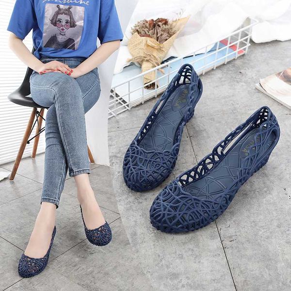 

slhjc women jelly pumps summer med heel wedges sandals candy color round toe slip on holes shoes anti skid, Black