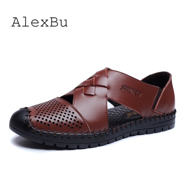 

alexbu 2019 fashion men genuine leather shoes man sandals breathable spring man business office shoe comfortable dropshipping, Black