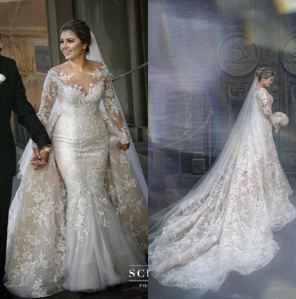 

vintage mermaid wedding dresses with detachable train arabic sheer neck lace applique long sleeve bridal gowns plus size bc2575, White