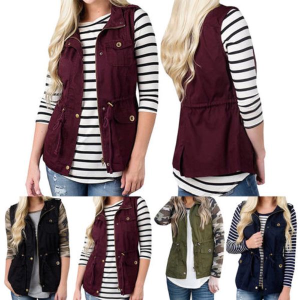 

newly women winter pocket lace up solid color sleeveless waistcoat vest coat gilet bodywarmer vest, Black;white