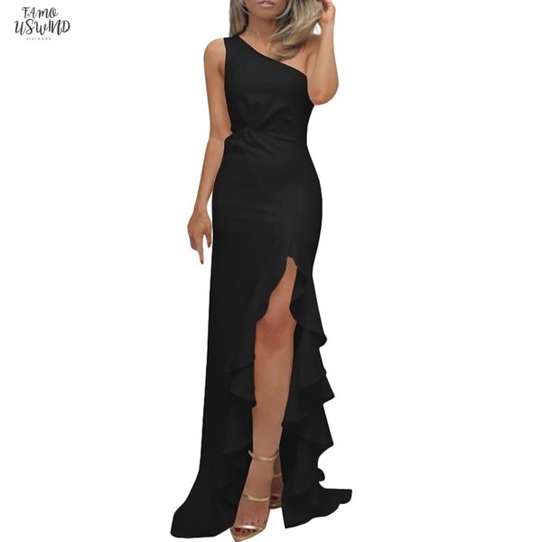 

womens dress one shoulder ruched ruffle party dress slim maxi dresses robe pull femme hiver vestidos sukienka yl, Black;gray