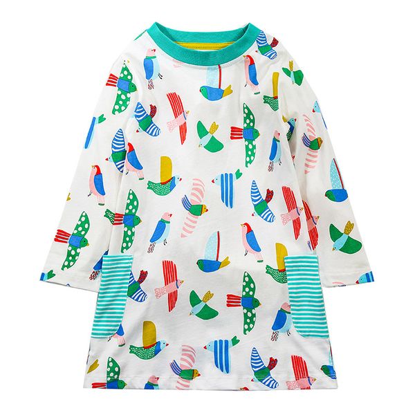 

jumping meters brand princess girl dress printed birds autumn spring selling children clothes pockets kids party dresses, Red;yellow