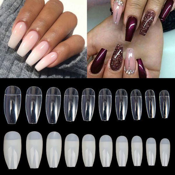 

500pcs acrylic nail tips clear natural french abs artificial false nails ballerina half cover uv gel ultra flexible fake nail, Red;gold