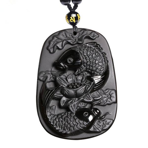 

drop shipping fine carving obsidian two fish and lotus black obsdian necklace pendant men's jewelry healing reiki gift energy, Silver