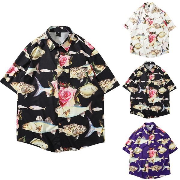 

men's hawaiian shirt short sleeve print fashion beach shirt, White;black