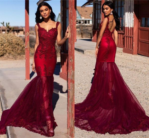 

burgundy spaghetti mermaid prom dresses vintage lace appliqued sheth evening gown luxury open back formal party pageant dresses, Black;red