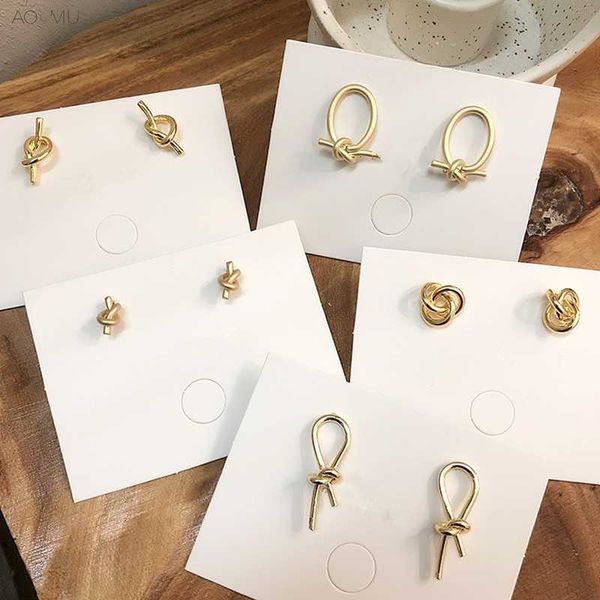 

aomu 2019 korea vintage gold metal knot bowknot geometric round circle oval small stud earrings for women girl wedding party, Golden;silver