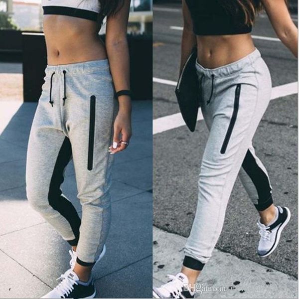 

women casual pencil pants casual grey zipper design elastic waist sports pants, Black;white