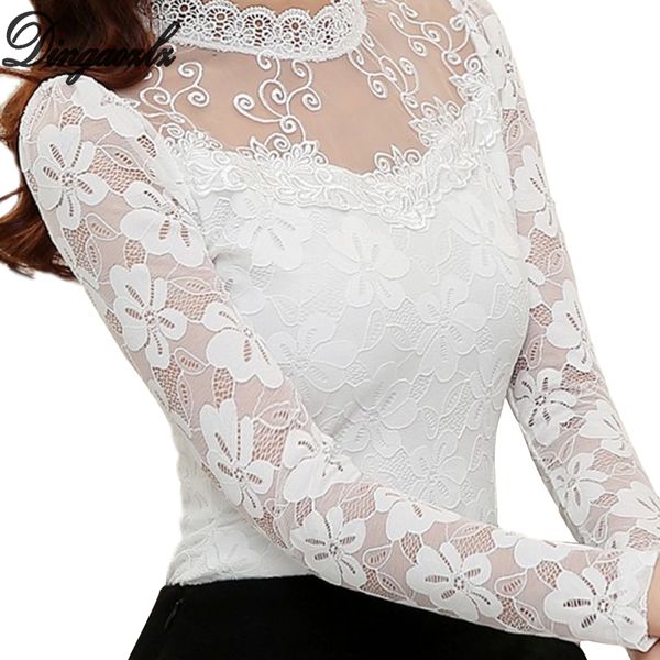 

women hollow out chiffon lace blouse long sleeve stand collar floral lace shirt casual women clothing blusas, White
