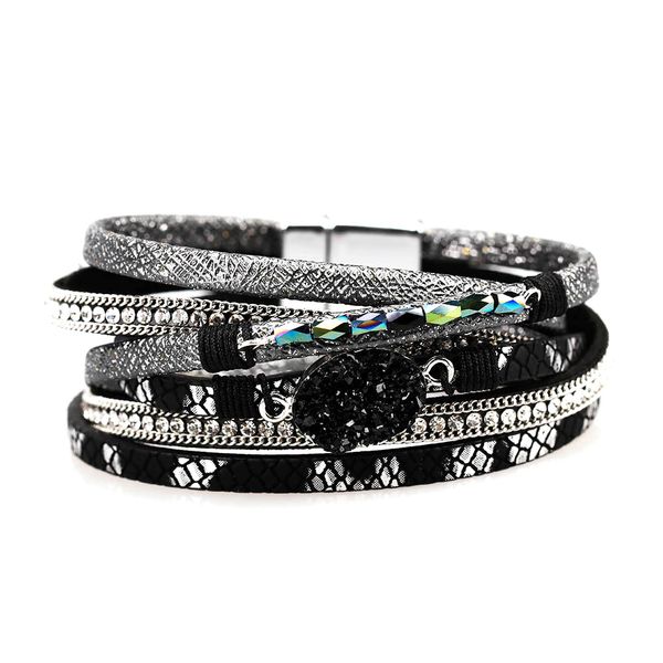 

women bracelet multiple layers unique bangle gift elegant long pu leather charm stone fashion casual magnetic buckle wristband, Golden;silver