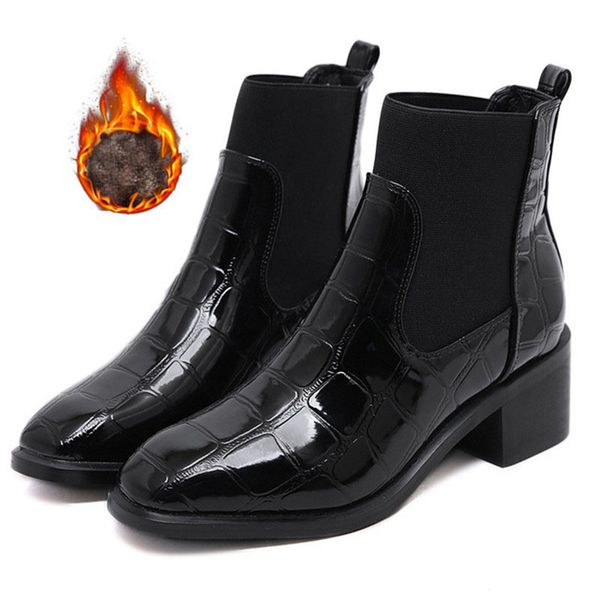 

2020 new autumn winter women's boots outdoor casual leather ankle boots female high heel waterproof warm plus fur cotton shoes, Black