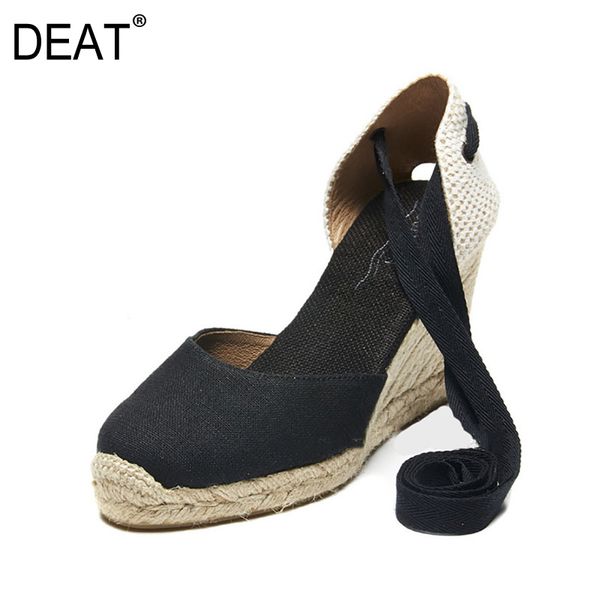 

deat] 2020 round toe ankle strap canvas rope single shoes thick bottom wedges shoes women new spring autumn fashion 10i023, Black