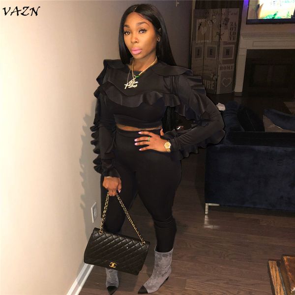 

vazn autumn new women fashion elegant 2018 2 piece set solid o-neck full petal sleeve full length lady bodyocn set lm9012, Gray