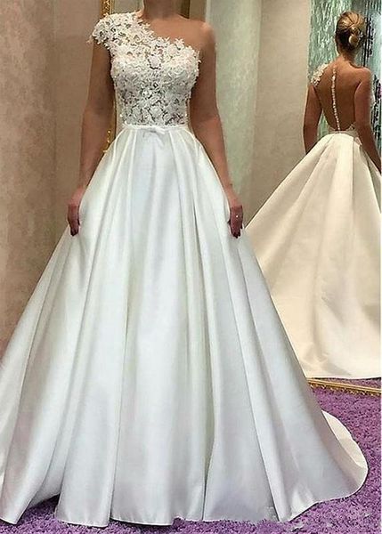 

sheer back wedding dresses appliques lace satin a line floor length illusion bodice 2019 fashionable bridal gowns custom size, White
