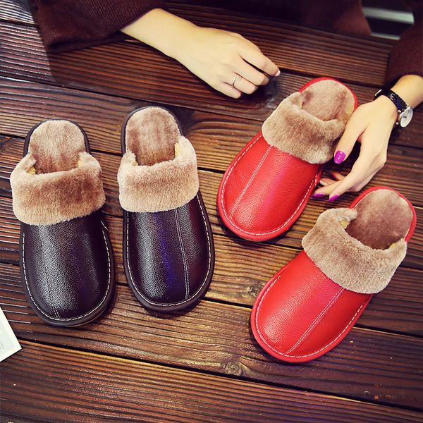 

woman's genuine leather winter indoor slippers super warm anti-skip couple's home shoes comfortable casual shoes, Black