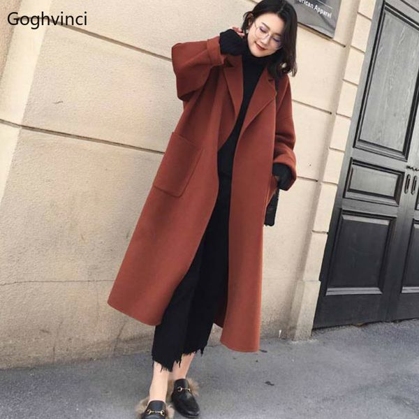 

wool women long coat elegant turn-down collar belt simple all match womens coats winter new fashion korean style casual loose, Black