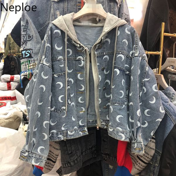 

neploe 2019 autumn winter hooded cowboy coat long sleeve zipper jeans moon printed women loose bat demin jacket 54829, Black;brown
