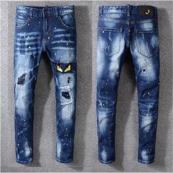 

новые мужские джинсы проблемные ripped байкер джинсы slim fit мотоцикл байкер джинсы 2020 модельер штаны, Blue