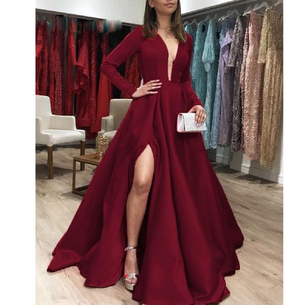 

dark red a-line side split prom dresses deep v-neck long sleeve satin party gowns ruched skirt abric dubai specail occasion dress, Black