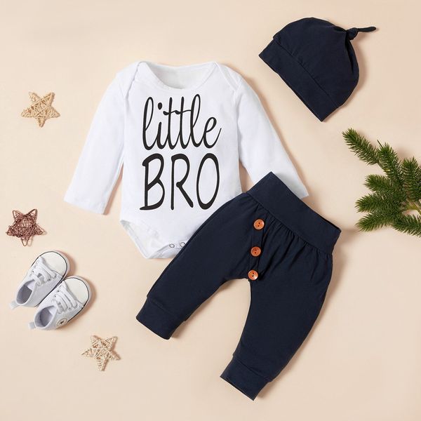 

cotton blend o-neck fashion outfits leisure set newborn infant baby boys letter romper solid button pant outfits leisure set, White