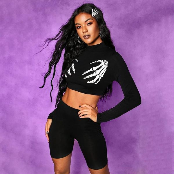 

women 2pcs yoga set long sleeve skull print crop t-shirt stretch shorts fitness leggings gym athletic sportswear suit