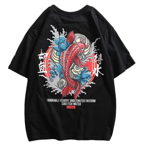 

sifan 2019 harajuku t shirts men chinese red paradise fish print hip hop t-shirt streetwear summer spring tshirt short sleeve tee, White;black