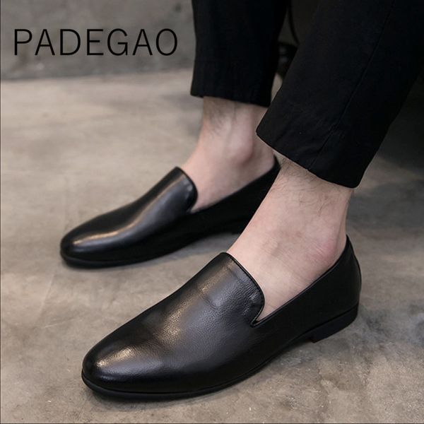 

2019 spring fashion casual mens leather black loafers smart casual business slip men shoes