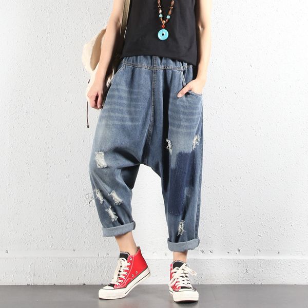 

women's jeans ripped hole cross 2021 women hip hop streetwear baggy harem boyfriend pants wide leg drop crotch denim bloomers, Blue