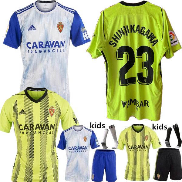 

2019 real zaragoza #23 shinji kagawa soccer jersey 19/20 home white 21 zapater man kids sock shirt vazquez pombo saragossa borja football, Black;yellow