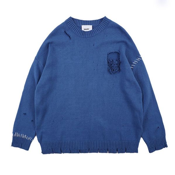 

autumn winter new fashion warm sweater brand men's wear hole pure color men's sweater blue black, White;black