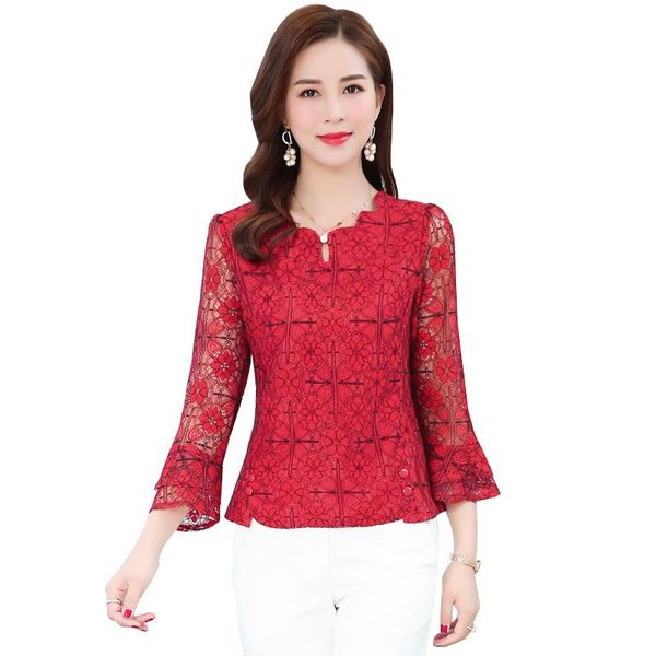 

женщины весна лето стиль кружева блузки рубашки lady повседневный flare sleeve lace transparent blusas tops dd8239, White