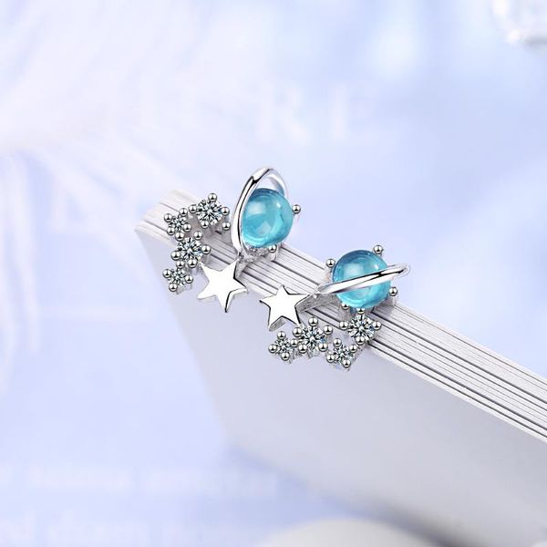 

cute blue crystal universe planet star earrings for women 925 sterling silver zircon earrings for girl gift oorbellen pendientes, Golden;silver