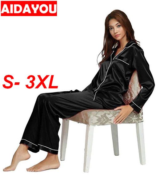 

womens classic satin pajama set sleepwear loungewear silk satin pajamas set plus size ouc426, Black;red