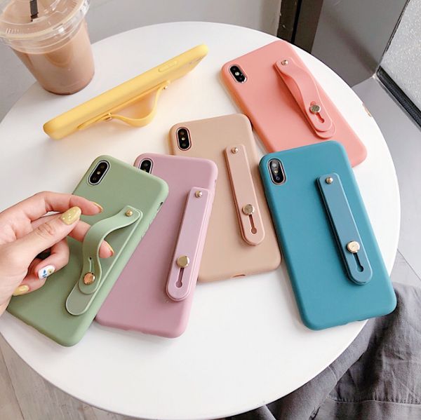 

wholesale wrist strap hand band candy color cases for iphone 11 pro xs max xr 678 plus soft silicone stand phone back cover