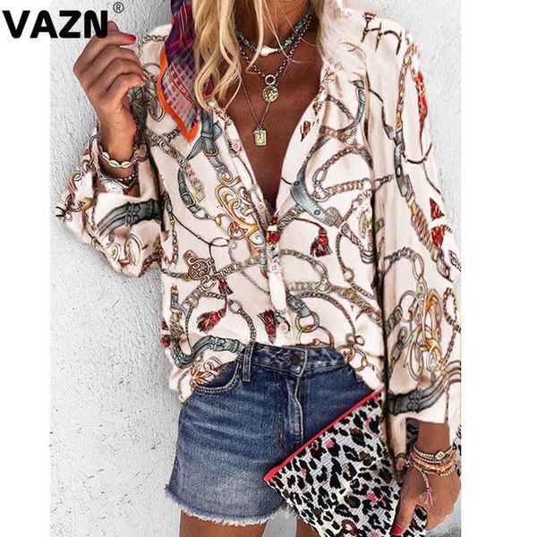 

vazn color print hip hop new women fashion elegant 2020 casual t-shirt turn-down collar full sleeve women button shirt, White