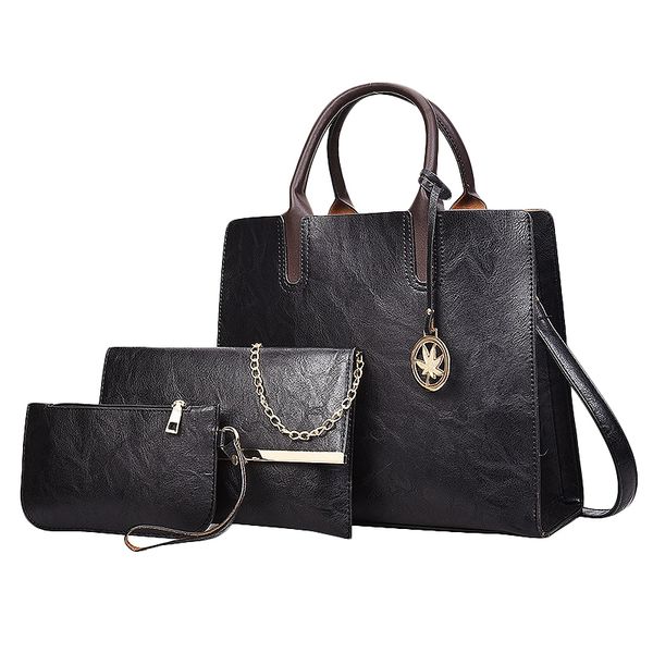 

new-3pcs women's bag set fashion pu leather ladies handbag solid color messenger bag shoulder wallet bags for women black