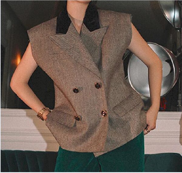 

new designer vest women turn down collar double breasted waistcoats female fashion slim vest, Black;white