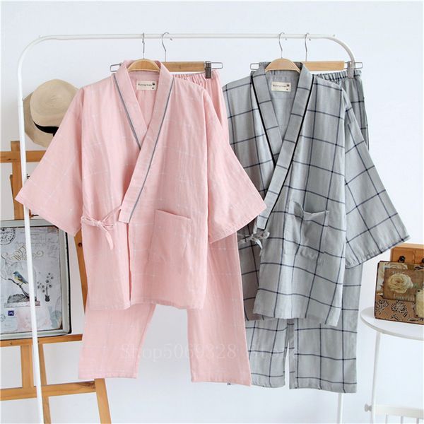 

japanese traditional style woman pajamas sleepwear print cottom kimono yukata lover home bathrobe nightgown leisure wear, Blue