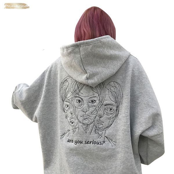 

harajuku square collar punk autumn winter women hooded embroidery head sweatshirt long sleeve casual loose fleece hoodies tracksuit, Black