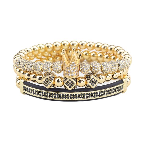 

3pcs/set men crown bracelets cz ball crown charm copper beads braided braiding men bracelets & bangles for men jewelry, Golden;silver
