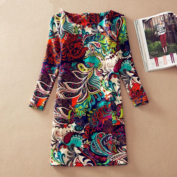 

New Plus Size Women Clothing Spring Fashion Flower Print Women Dress Ladies Long Sleeve Casual Autumn Dresses Clothing